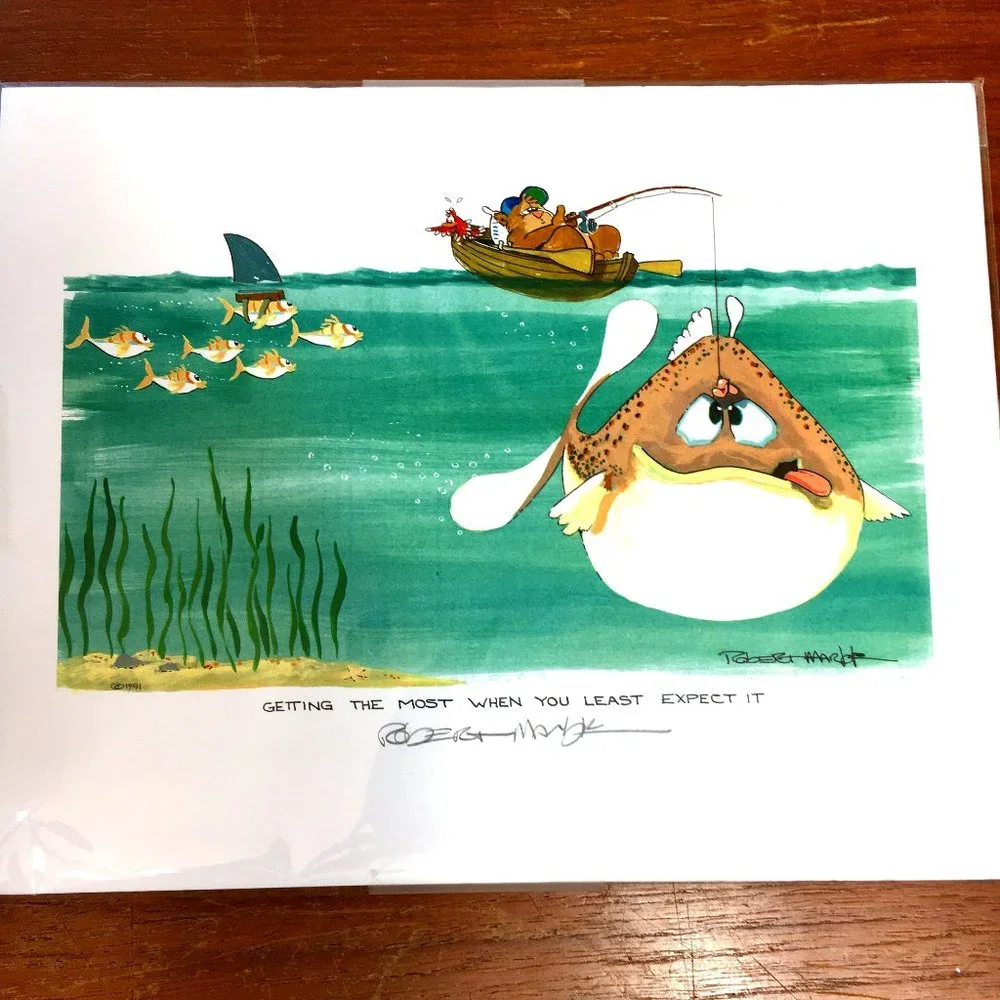 ROBERT MARBLE  Signed Art Print 1991 Fishing Bear 8” x 10” Vtg